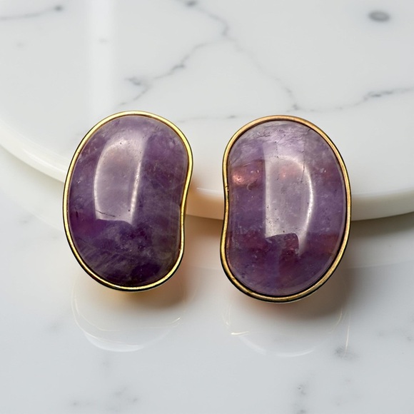 Vintage Genuine Amethyst Gold Tone Clip On Earrings - Picture 1 of 8